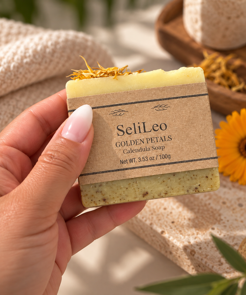 SeliLeo Golden Petals Calendula Soap with calendula flowers and kraft paper label.