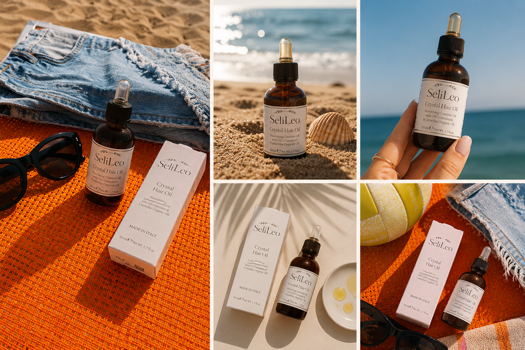 SeliLeo Hair Care Bundle lifestyle photos with Crystal Hair Oil and premium accessories
