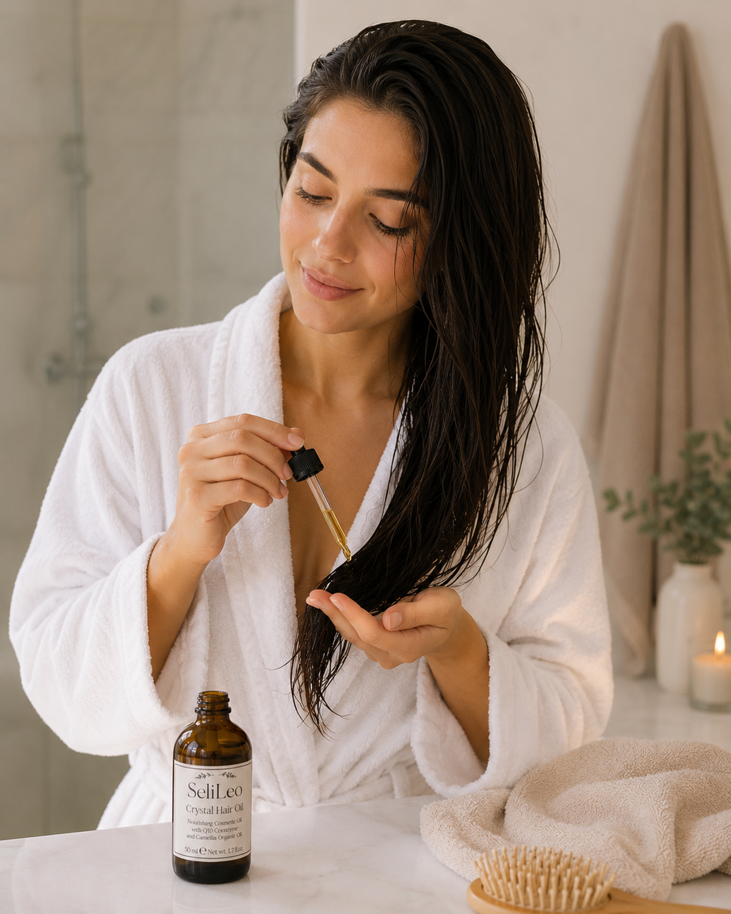 Woman applying SeliLeo Crystal Hair Oil to nourish hair lengths and add shine