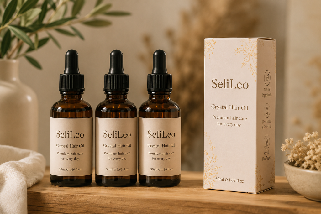 SeliLeo Crystal Hair Oil collection with premium packaging