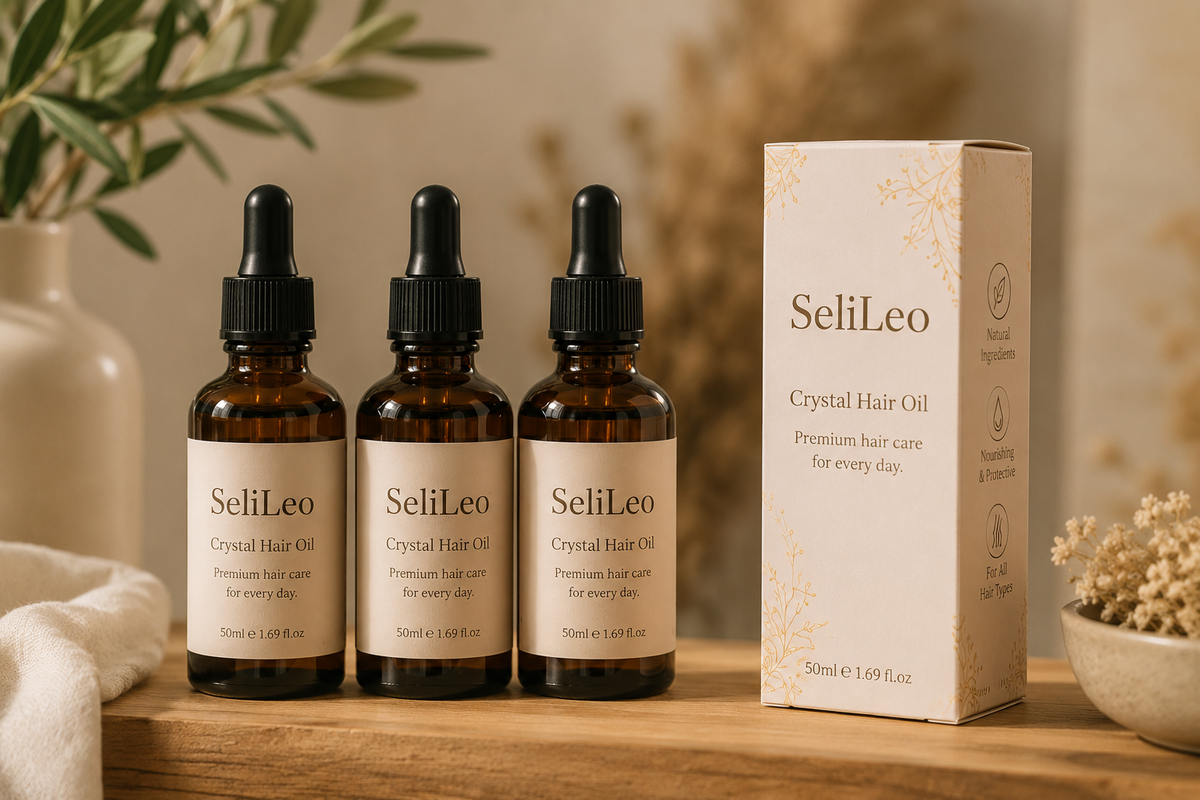 SeliLeo Crystal Hair Oil collection with premium packaging