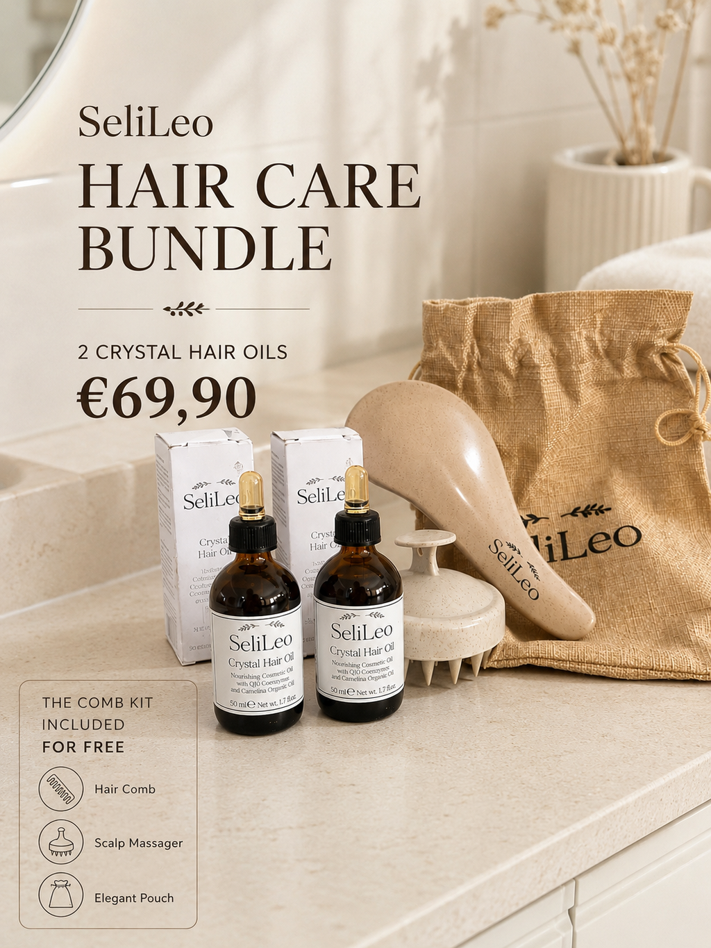 SeliLeo Hair Care Bundle with two Crystal Hair Oil bottles two white boxes hair comb scalp massager and elegant pouch