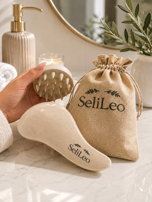 A hand holds a beige silicone scalp massager with spiky nubs next to a beige fabric drawstring pouch and a curved beige massage tool, all branded SeliLeo, on a marble bathroom counter with a candle, soap dispenser, and greenery in the background.
