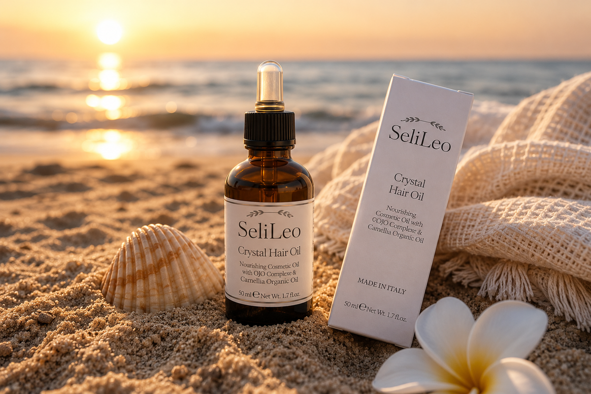 SeliLeo Crystal Hair Oil bottle on a beach at sunset