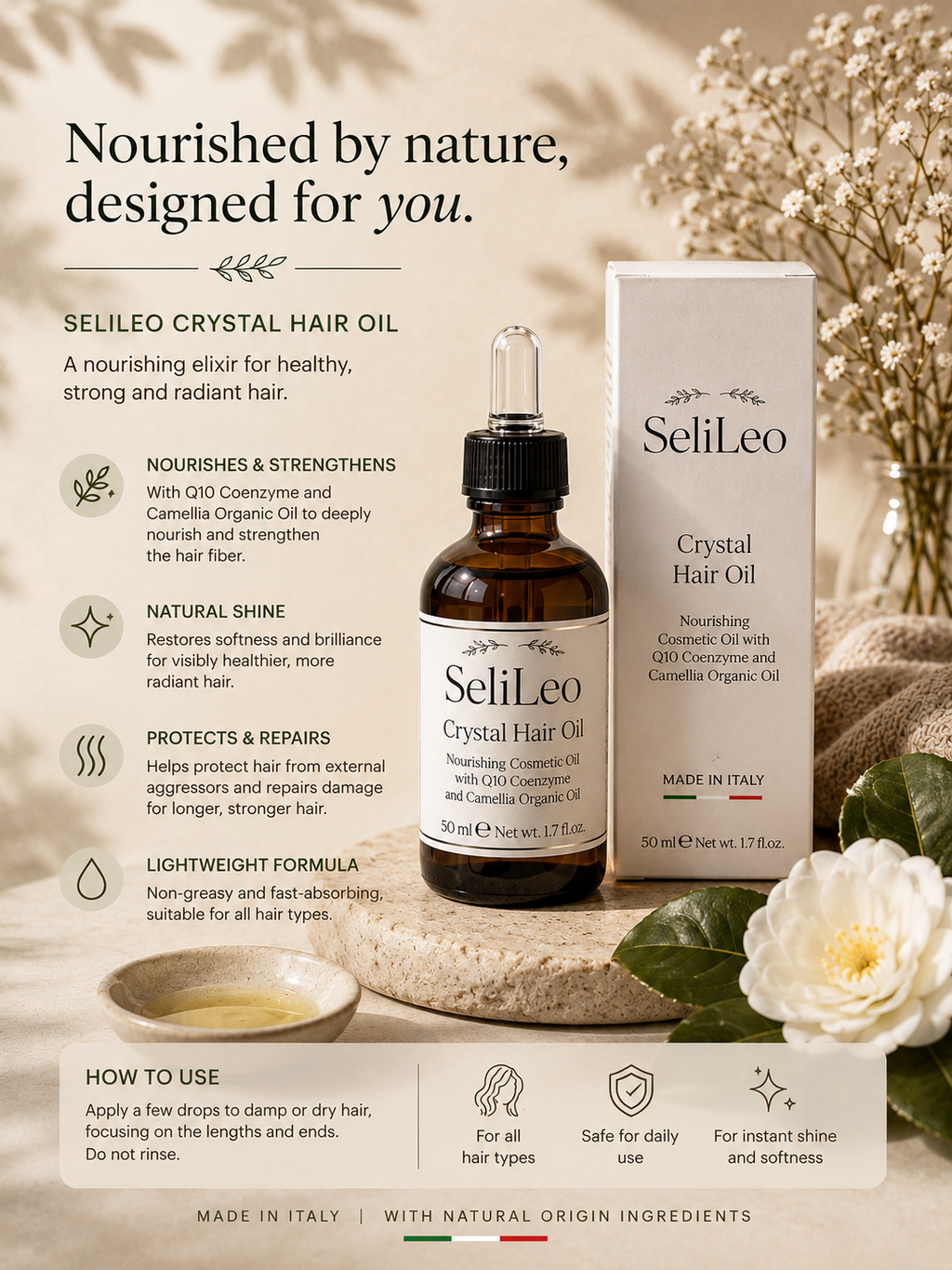 SeliLeo Crystal Hair Oil bottle with product packaging