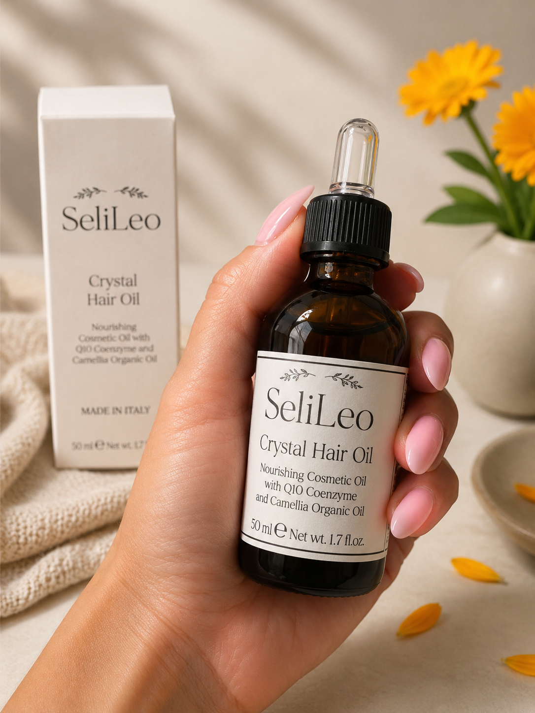 Hand holding SeliLeo Crystal Hair Oil bottle